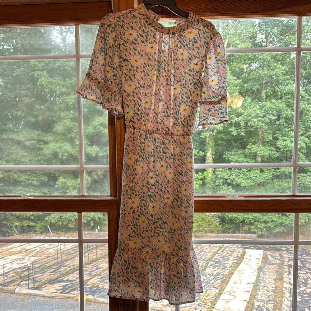 Luxology Brown and Orange Flutter Sleeve Midi Dress